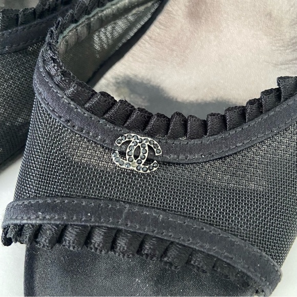 Chanel Black Mesh And Satin CC Open Toe Ankle Strap Heeled Sandals - Picture 5 of 16